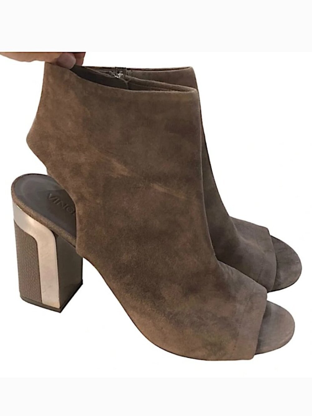 VINCE Fenmore Taupe Brown Suede Peep Toe Ankle Bootie Boot Heels
